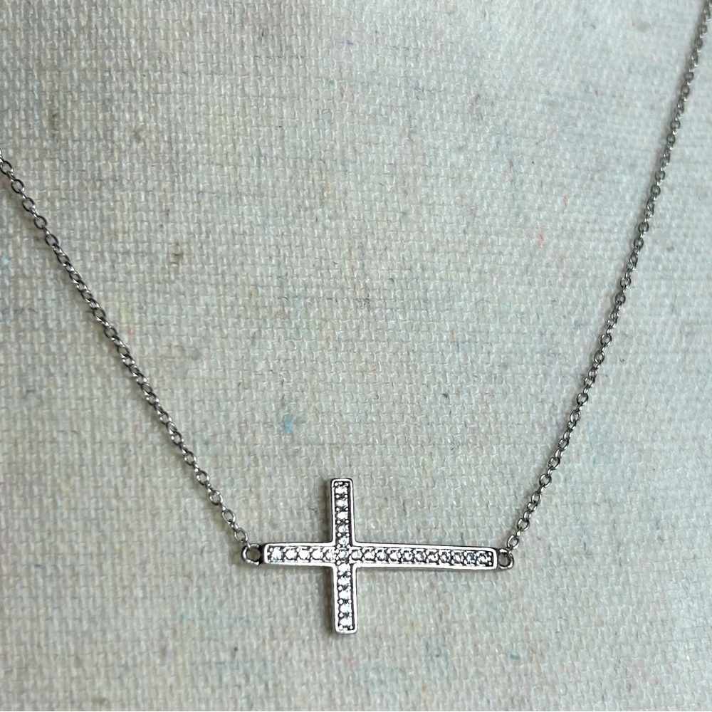 Sterling Silver Sideways Cross Necklace Dainty Clear Crystals Stamped 925 18"L